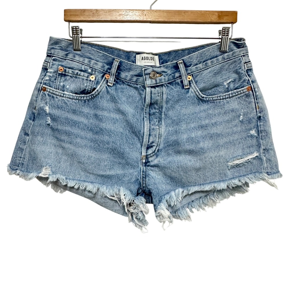 AGOLDE Parker Jean Shorts Women 31 Blue Distressed Cut Off Denim Boho Festival
